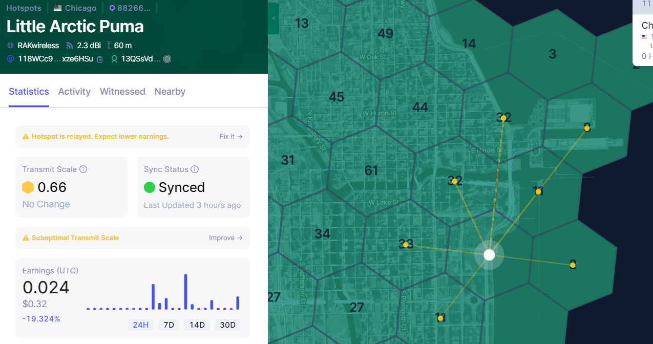  Yellow lines indicate this Hotspot is providing coverage to 7 other Helium Hotspots in the area