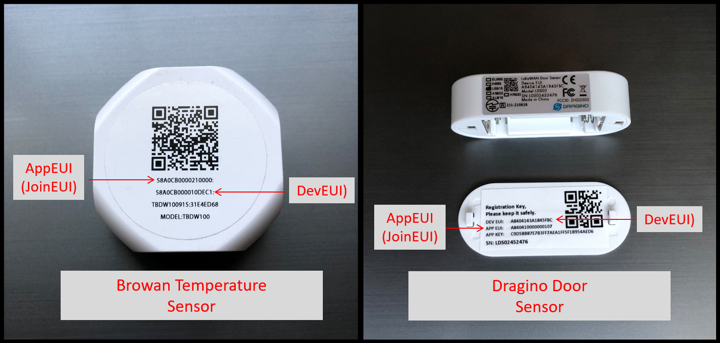 Examples of Browan and Dragino LoRaWAN Sensors with printed EUIs.
