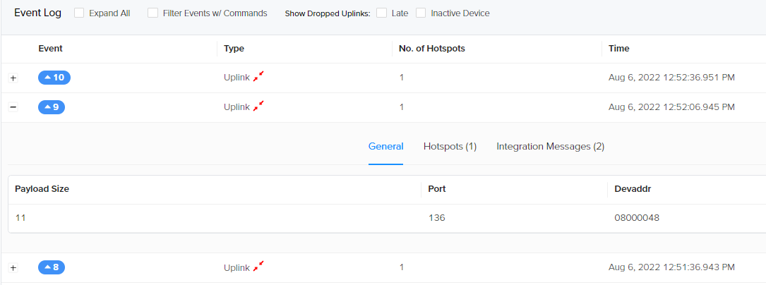 Details of the device’s Helium network activity